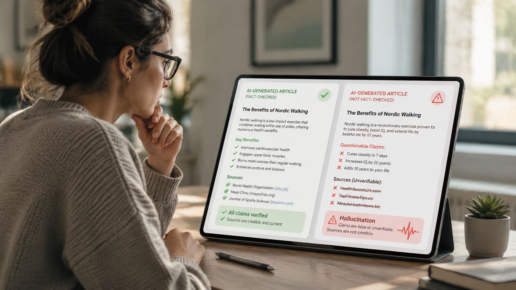 A woman reviewing a tablet screen comparing fact-checked versus unverified AI-generated content about Nordic walking.